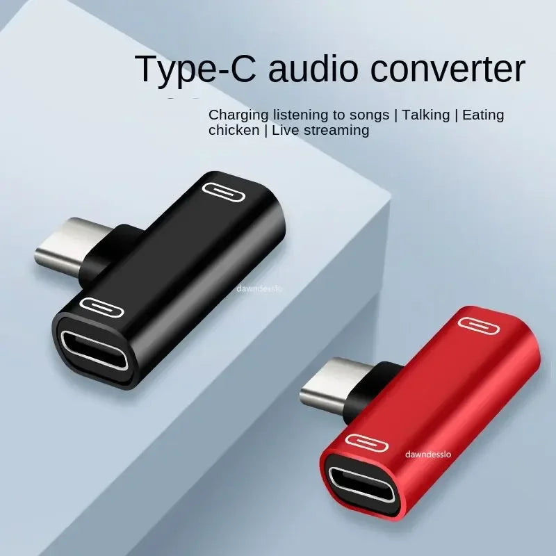 Black and red usb c splitter adapter with metallic connectors for headphone charger adapter and 5mm earphone use