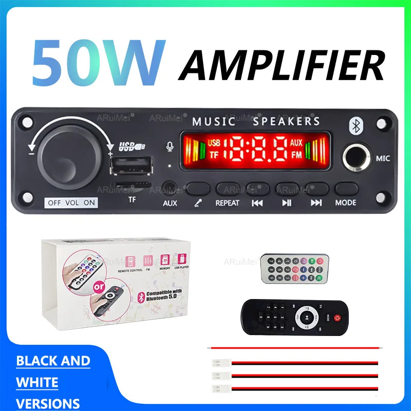 Black 50w car audio amplifier with digital display multiple input ports supports mp3 wma long press pause button functions