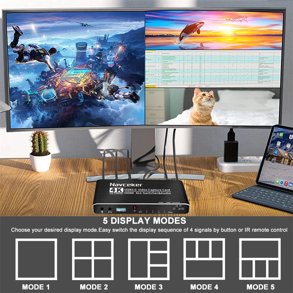 Black rectangular 2023 4 port 4k video grabber recorder seamless usb 3.0 capture card for camera recording live