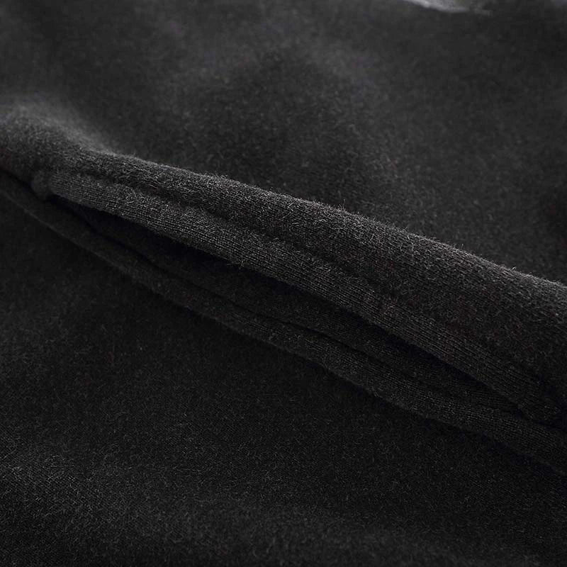 Black soft-textured woolen fabric with subtle sheen and visible weave on 2023 hip hop oversize hoodie sweatshirt