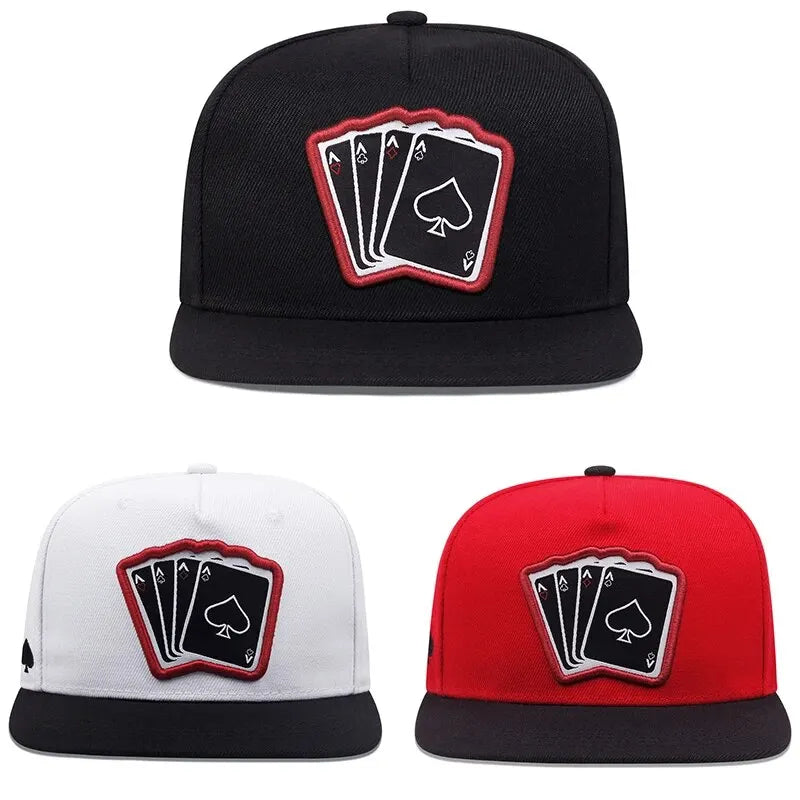 Black unisex snapback cap with bold playing card embroidered patch in fashion hip hop style for outdoor use