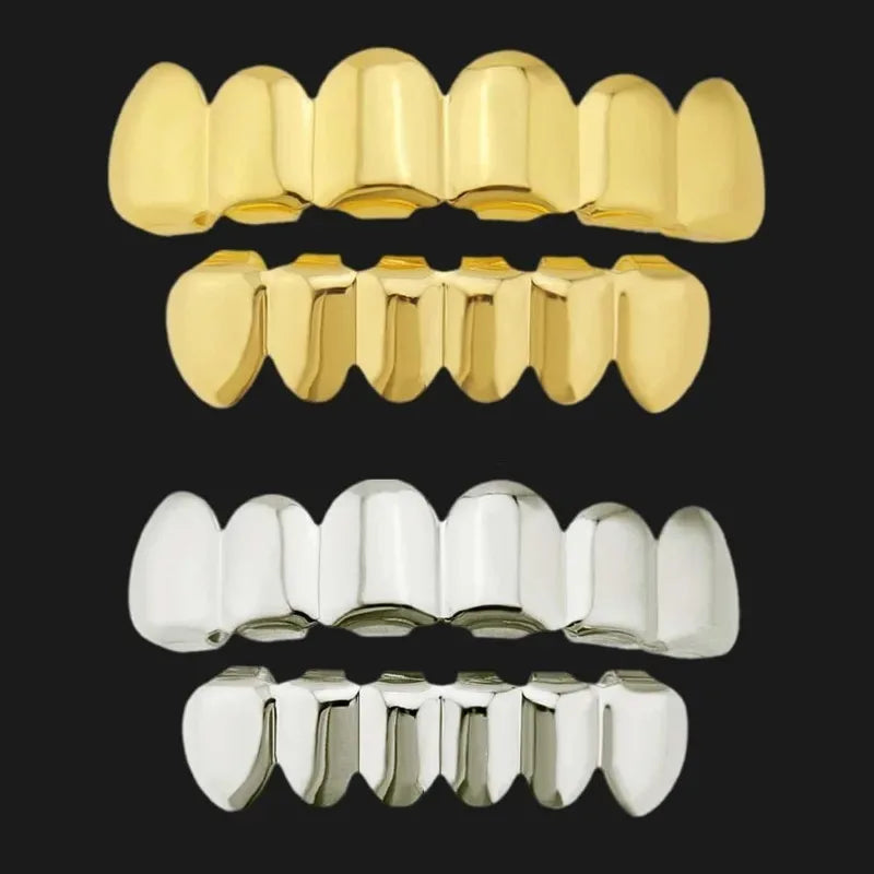 Gold and silver metallic hop tooth grillz with a glossy finish for women parties halloween and costume rapper accessories