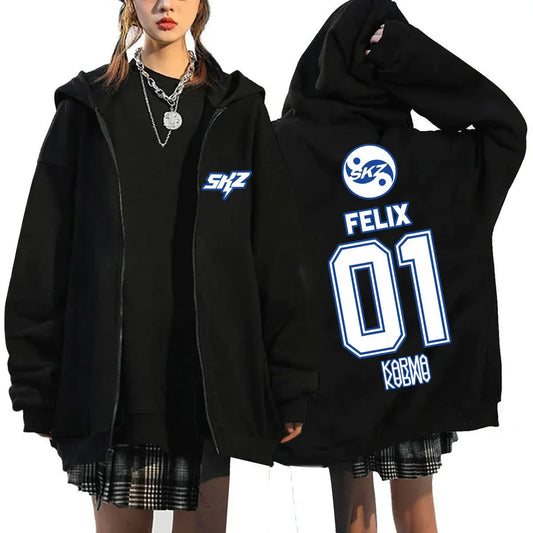 Back of black fleece-lined kpop karma print zip-up hoodie fashion casual with white and blue skz logo felix 01 kobmo