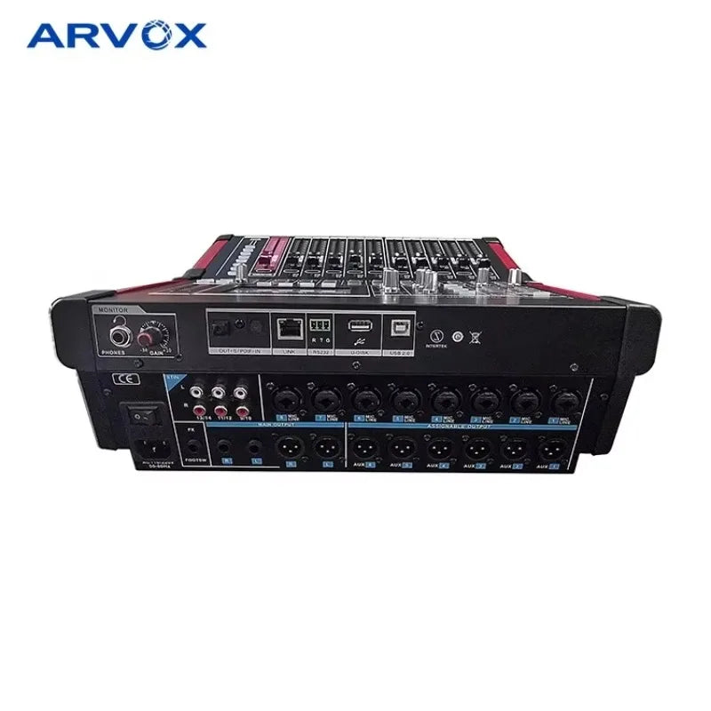 Black arvox audio dj mixer with red accents and multiple input output ports for music studio equipment use