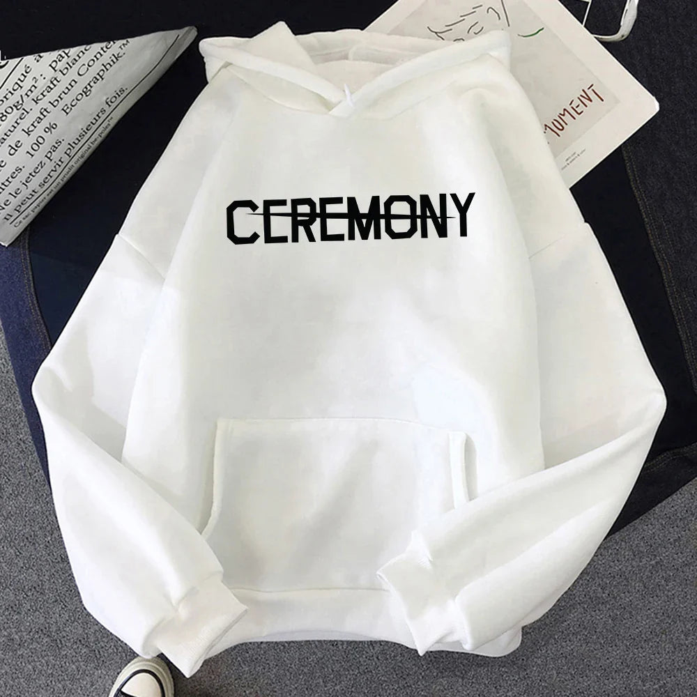 White album karma hoodie with bold black ceremony lettering for autumn winter song ceremony retro aesthetic wear