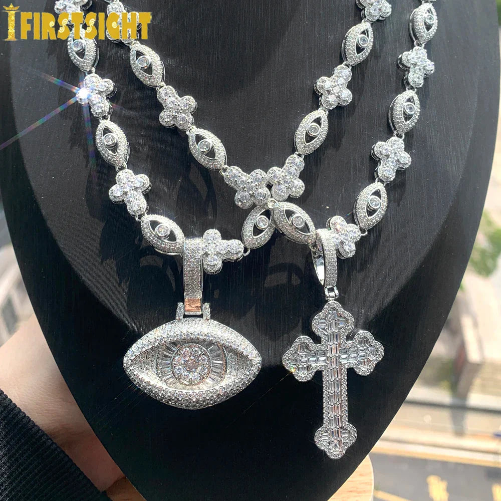 Silver eye cross necklace with iced out cubic zirconia charm tennis chain hip hop jewelry for men and women