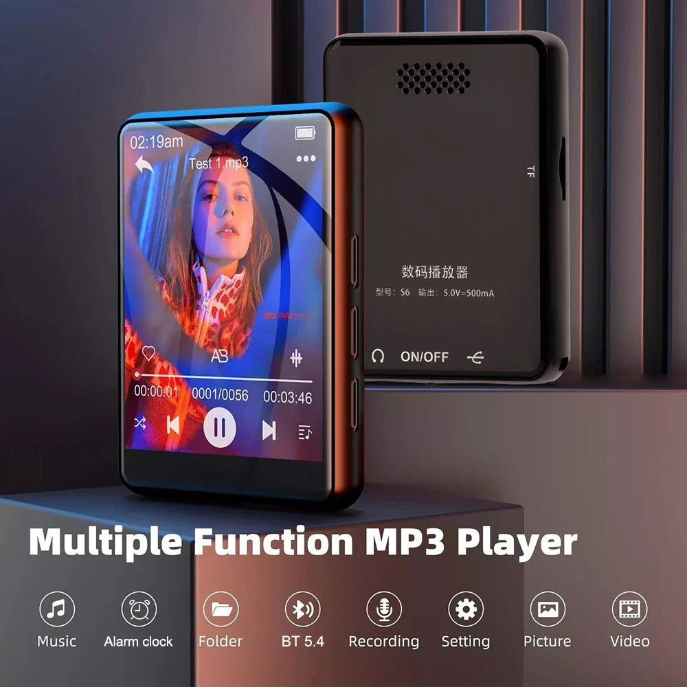 Black rectangular 2025 new mp3 player with touch screen hifi, built-in speaker, metallic frame, and support recording features