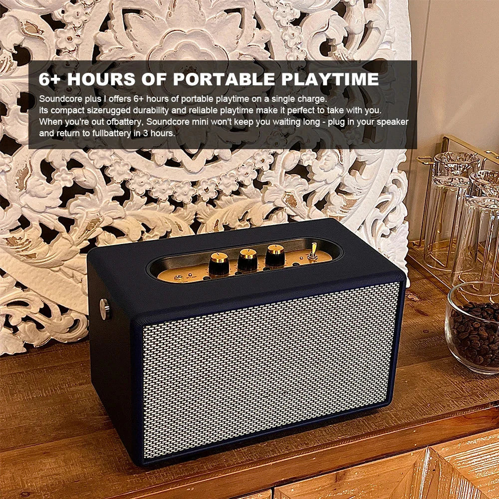 Black soundcore plus product 60w retro wood speaker with textured grille and gold-tone control knobs for vintage portable deep bass use