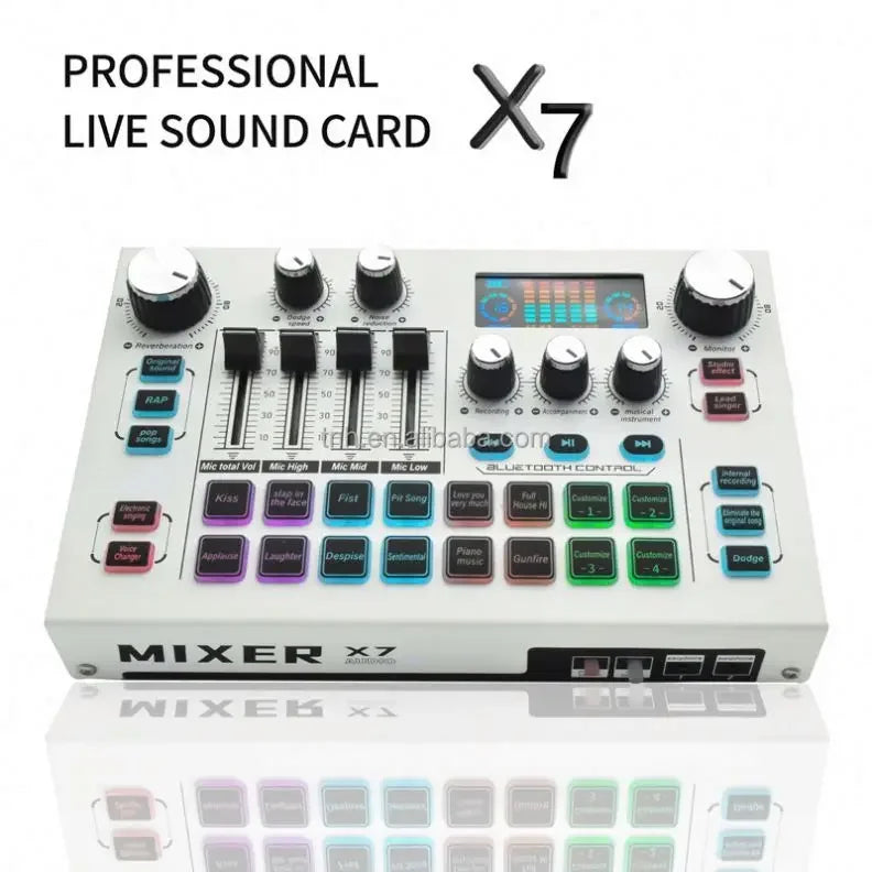 White x7 professional podcast equipment mixer with black knobs colorful buttons and digital display for studio music production v8 audio