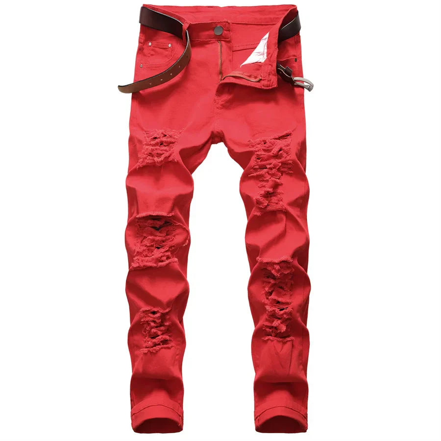 Vibrant red hip hop slim casual jeans with distressed multiple rips versatile stretch denim trousers for men