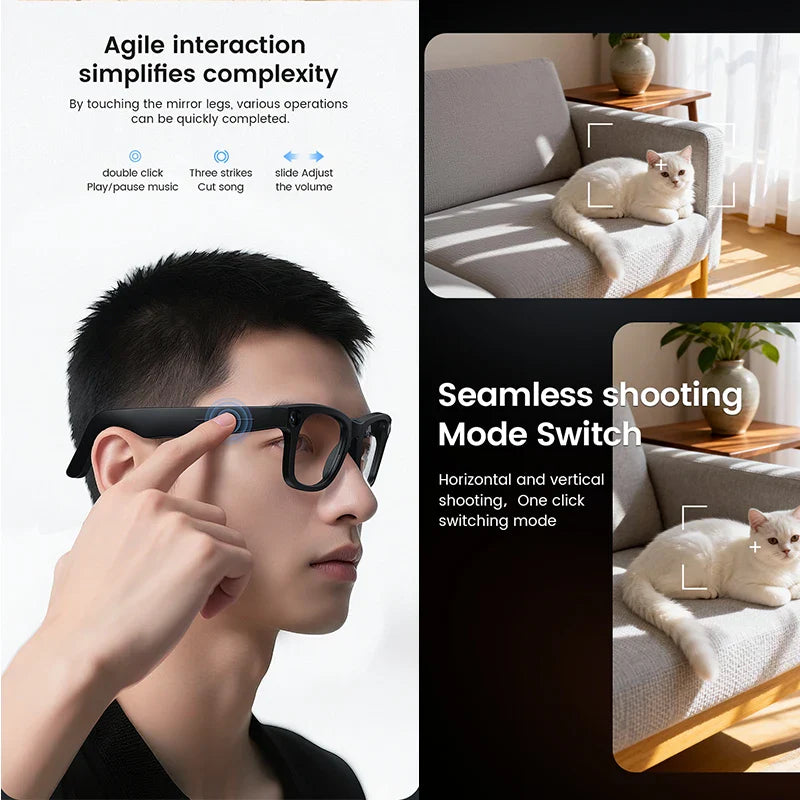 Black-framed 2026 smart glasses with touch photochromic lenses and mirror legs for music multifunction glasses and openai record translation