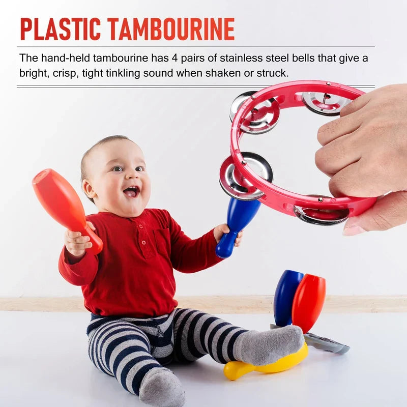 Red plastic 20piece plastic tambourine with four pairs of stainless steel bells for handheld tambourines percussion rhythm