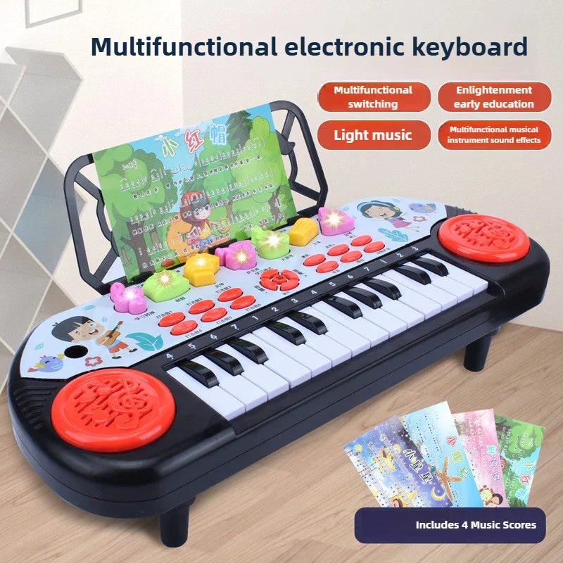 Black and red multifunctional 24 keys piano keyboard interactive toy with colorful buttons and demo song musical feature
