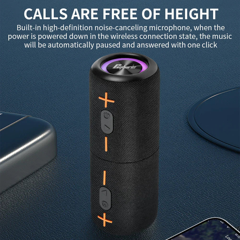 Black cylindrical 2in1 s10 split wireless bluetooth speaker with textured fabric, orange buttons, rgb light aux, powerful ipx6 hifi