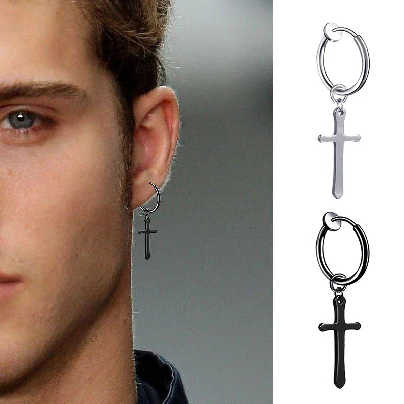 2pc punk stainless steel silver and black cross drop hoop earrings for women gothic cross hip hop piercing style
