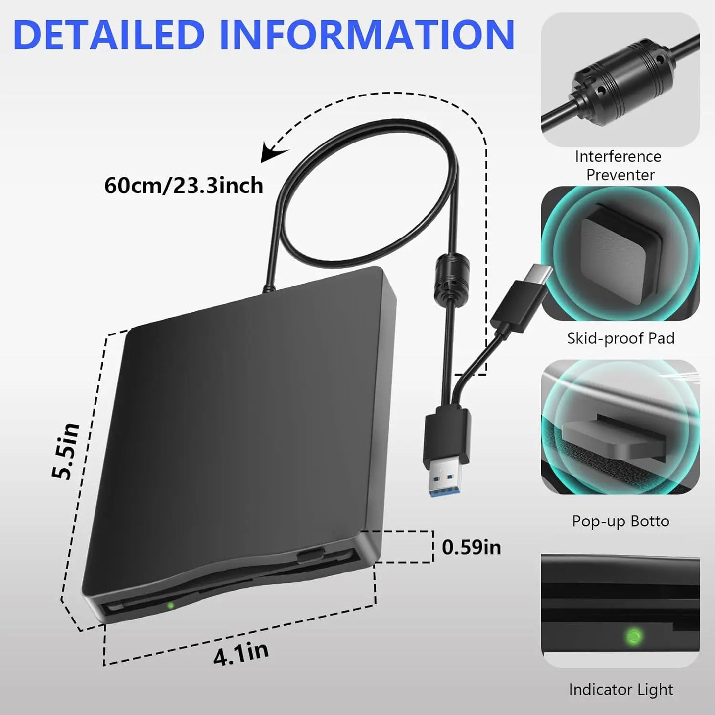 Black external floppy disk drive with usb 3.0 retractable cable and built-in interference prevention features