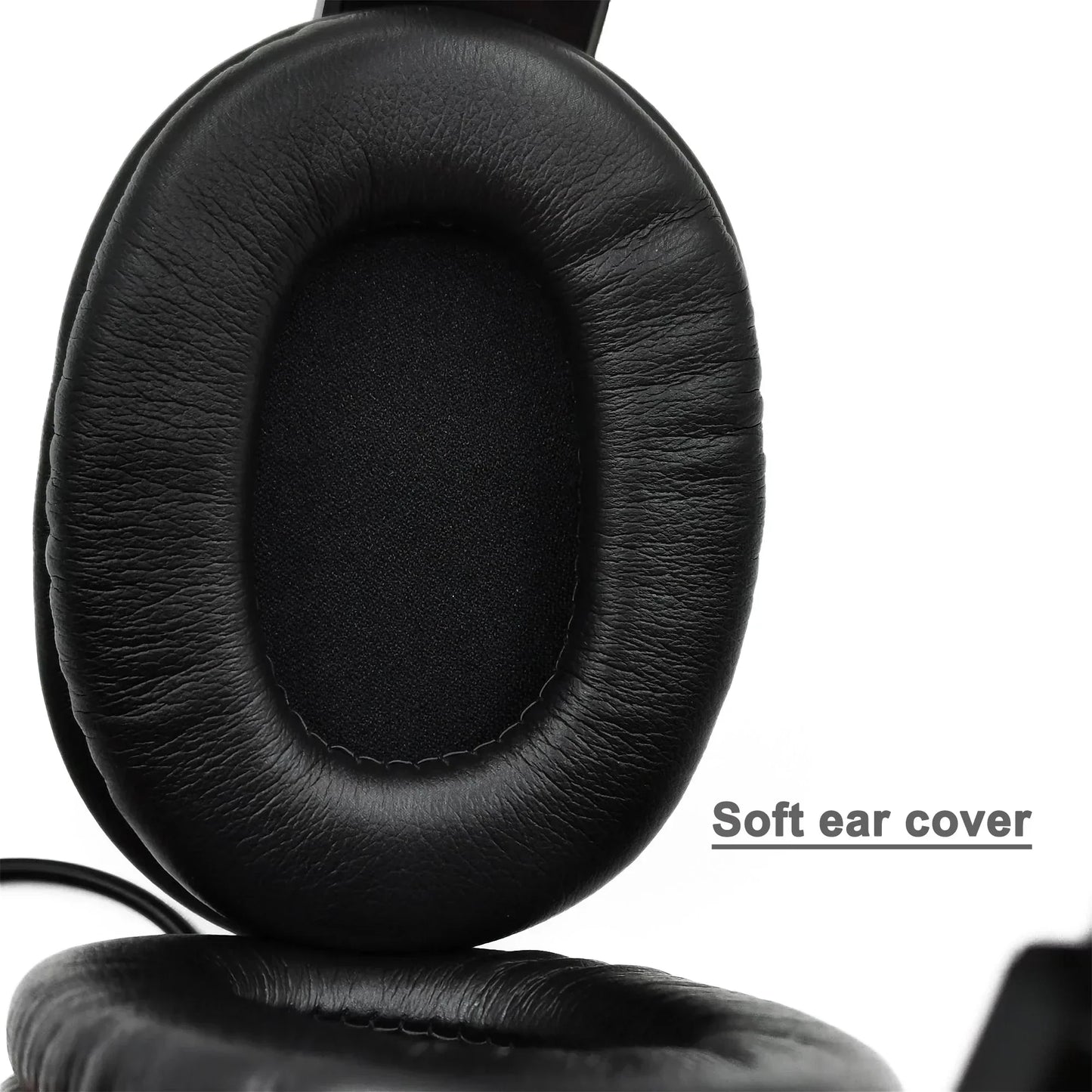Black leather ear cover with stitched edges for wired gaming headphones with headset noise cancelling and microphone volume control