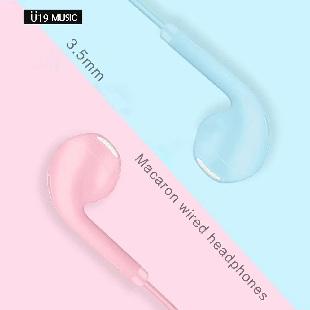Pastel pink and light blue wired headset macaron earphones with 3.5mm jack and microphone earphones universal use