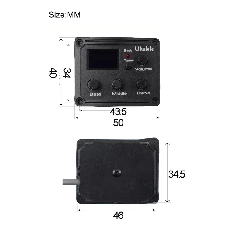Black rectangular 3 band electronic ukulele pickup with bass middle treble knobs tuner and lcd screen for guitar eq equalize