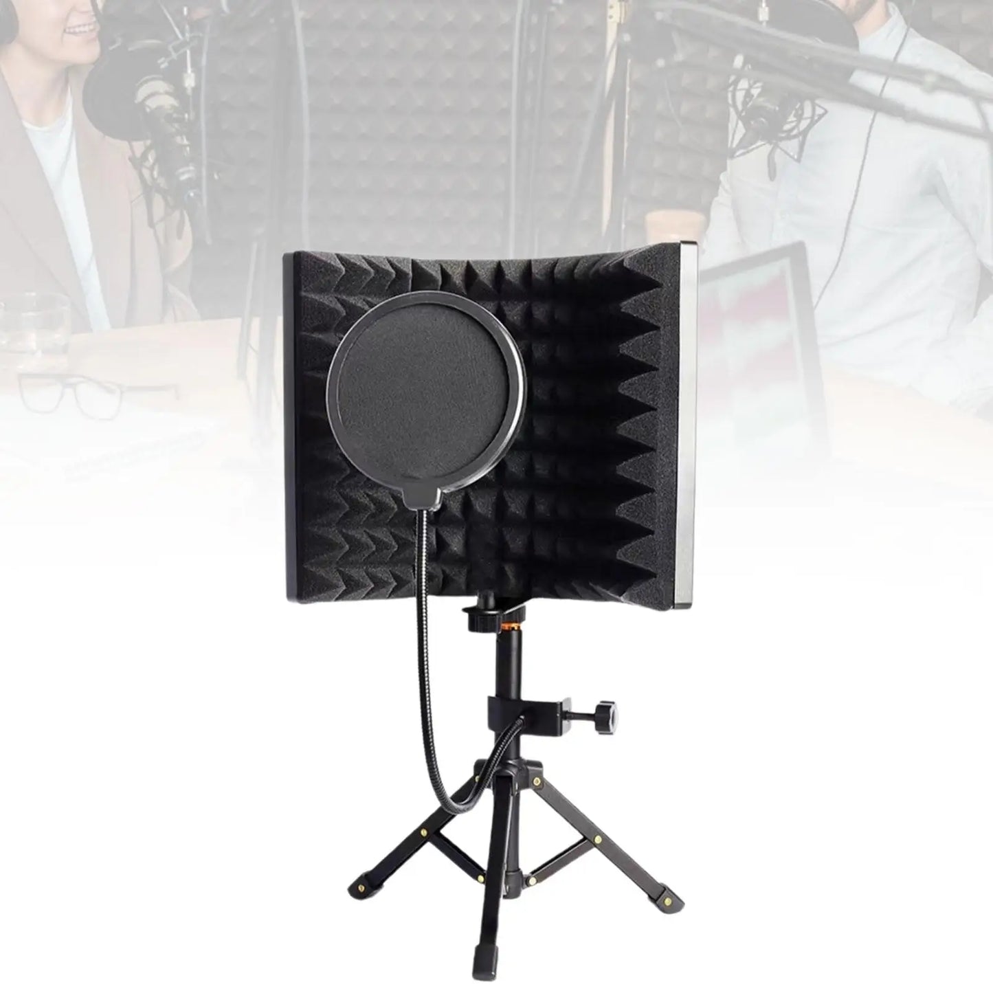 Black foam windscreen with circular mesh filter mounted on tripod stand for microphone isolation shield vocal recording panel