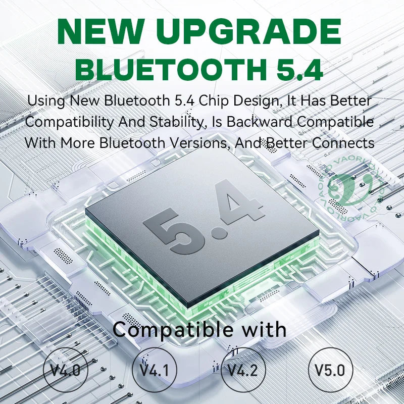 A sleek black bluetooth 5.4 chip with embossed 5.4 on a green circuit board for receiver a2dp avrcp mini wireless use