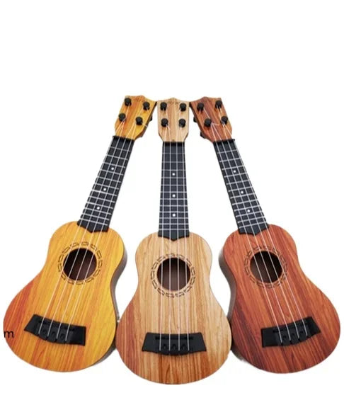 Three natural wood grain 35cm ukulele children toys with black fretboards and paddles simulating yukrili music toys