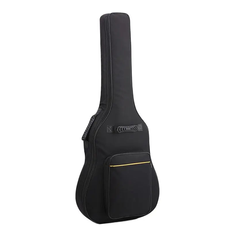 Black bass guitar case with front pocket, gold trim, padded handle, and thick sponge padding water resistant acoustic guitar bag