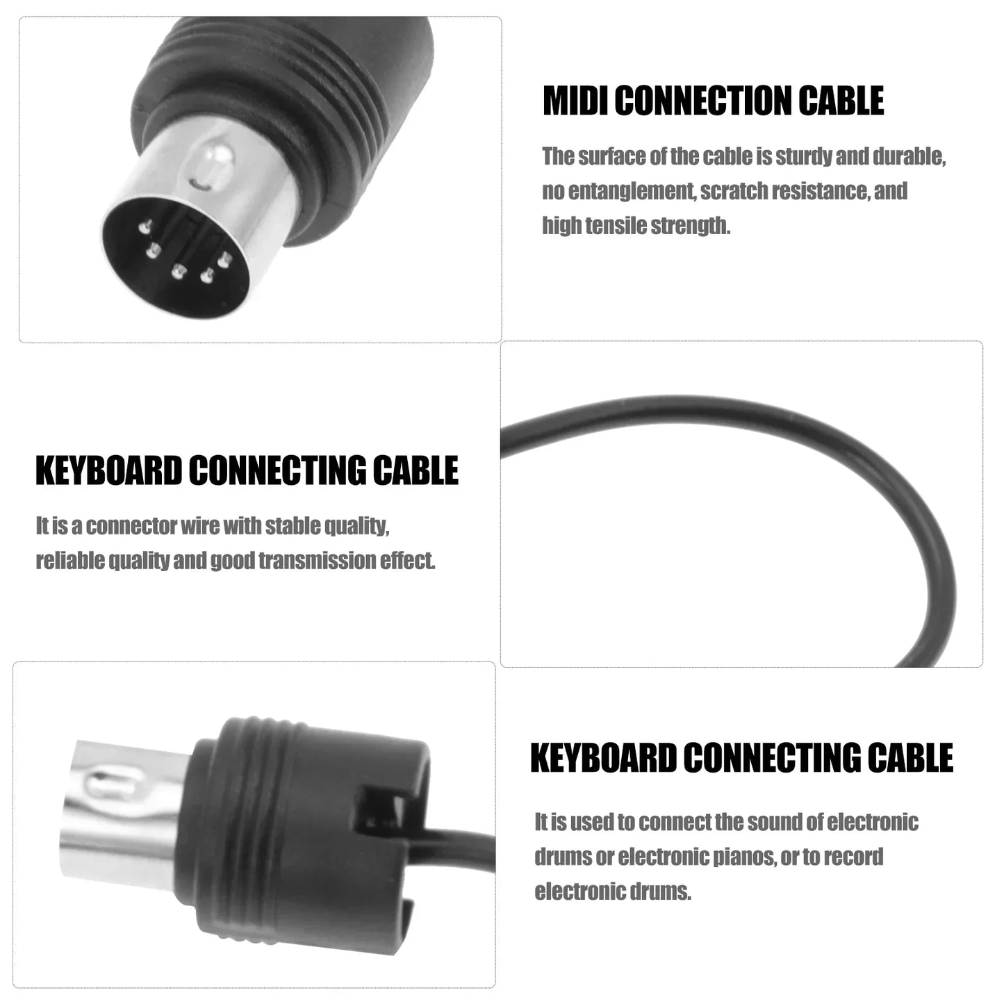 Black midi 360° male to male 5 pin cable with metallic connectors for piano keyboard effector and sound card transmission extension cord