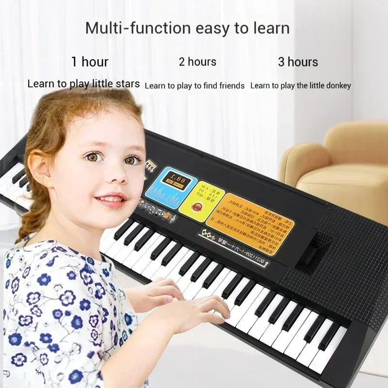 Black plastic digital piano keyboard with white and black keys colorful buttons and digital display learning instrument educational gift