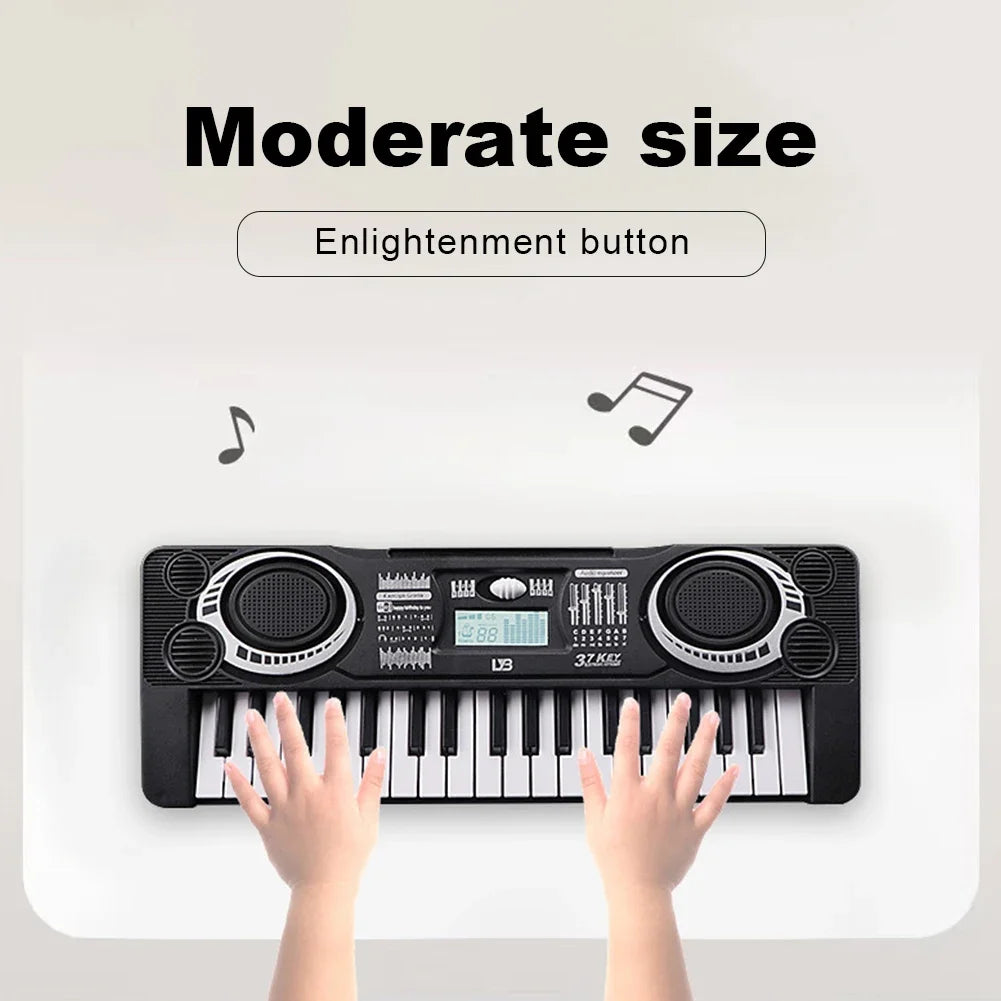 Black and silver 37-key electronic piano keyboard portable educational toy with speakers and digital display for kids
