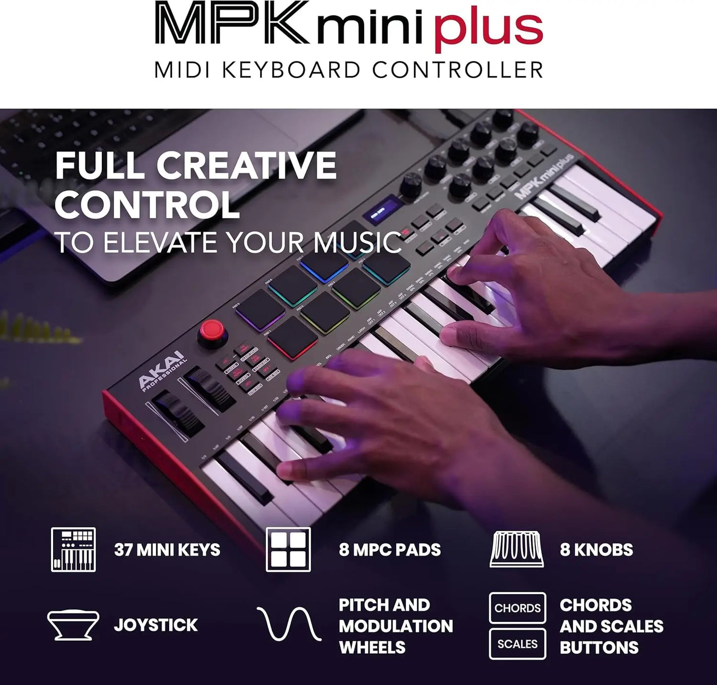 Red and black akai mpk mini plus 37-key usb midi keyboard with 8 mpc pads sequencer for music production
