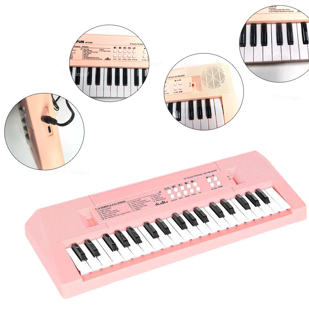 Pink 37-key electronic piano keyboard with speaker grille and control buttons for microphone rechargeable education toys musical instrument gifts