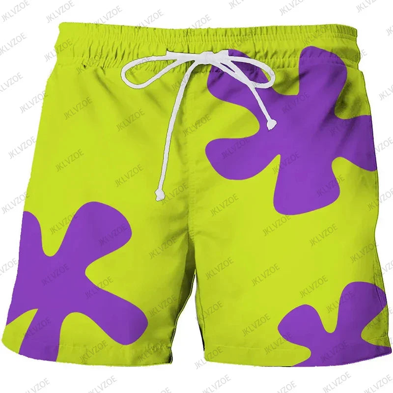 Bright lime green patrick star board trunks quick dry with purple splatter pattern and white drawstring for men hip hop