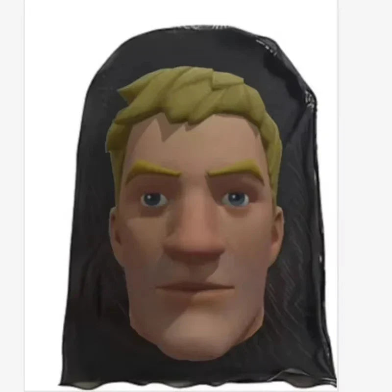 A stylized digital avatar head with blonde hair and blue eyes wearing a black printed puff daddy cosplay headwear hiphop balaclava hood