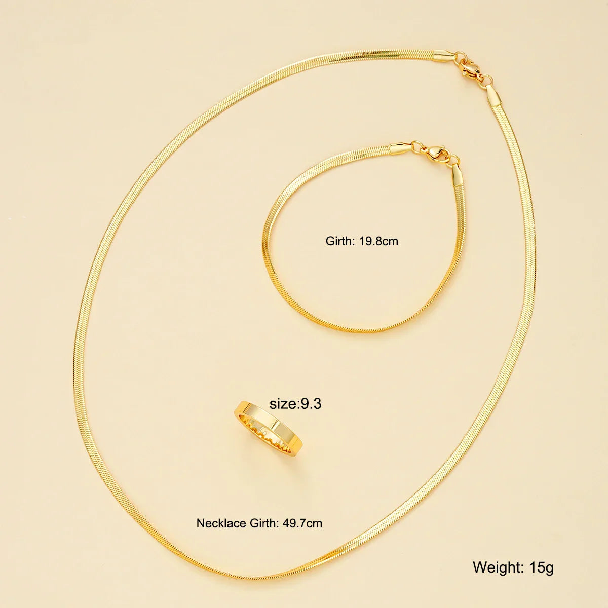 Gold snake chain fashion hip hop minimalist necklace bracelet ring set perfect gift stainless steel jewelry set