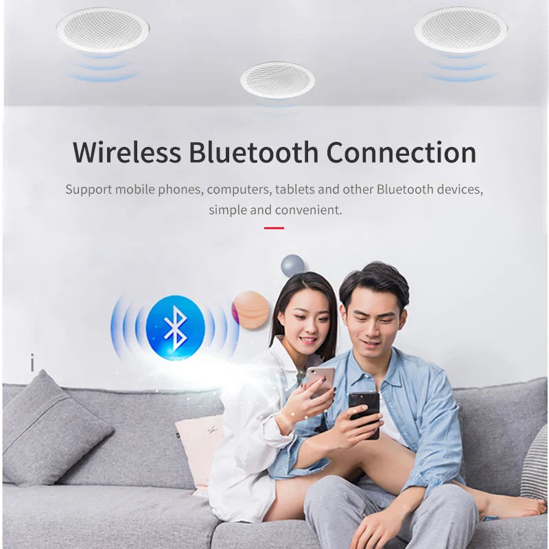 White circular ceiling-mounted quality ceiling speaker with mesh grille for theater background music and bluetoothback cover home use