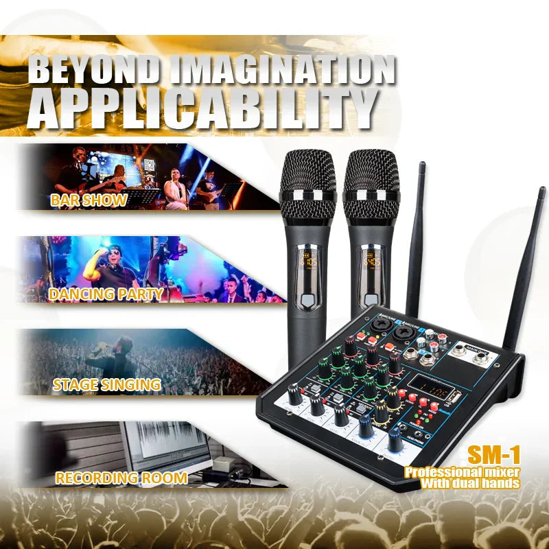 Black 4 channel audio dj mixer console with bluetooth mixer uhf wireless microphones for home karaoke stage use