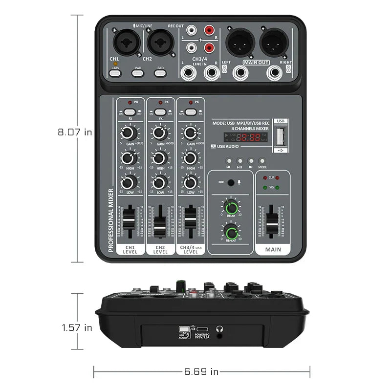 Black 4 channel usb audio mixer 48v with gray panel and green knobs for sound mixers bluetooth and bluetooth dj console use