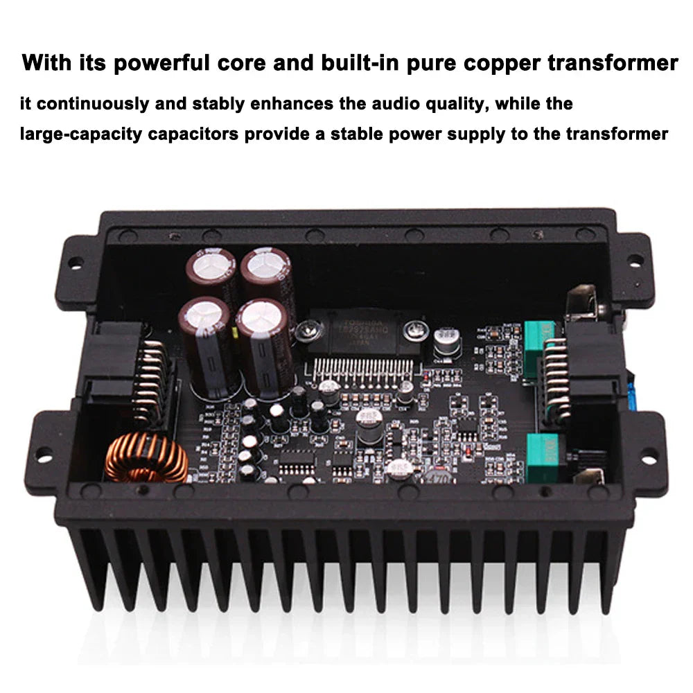 Black plastic housing of 4-channel car amplifier with circuit board capacitors copper coils and green connectors for 80wx4 audio modification power amplifier digital use