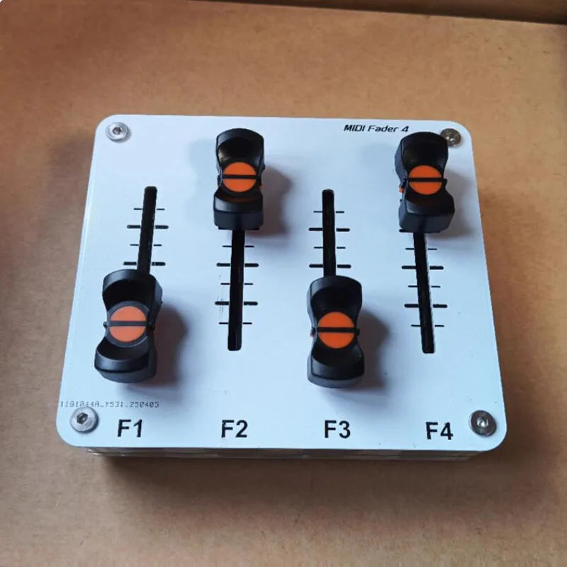White 4-channel midi push rod with four black 42mm fader custom sliders and orange indicators for interface music host use