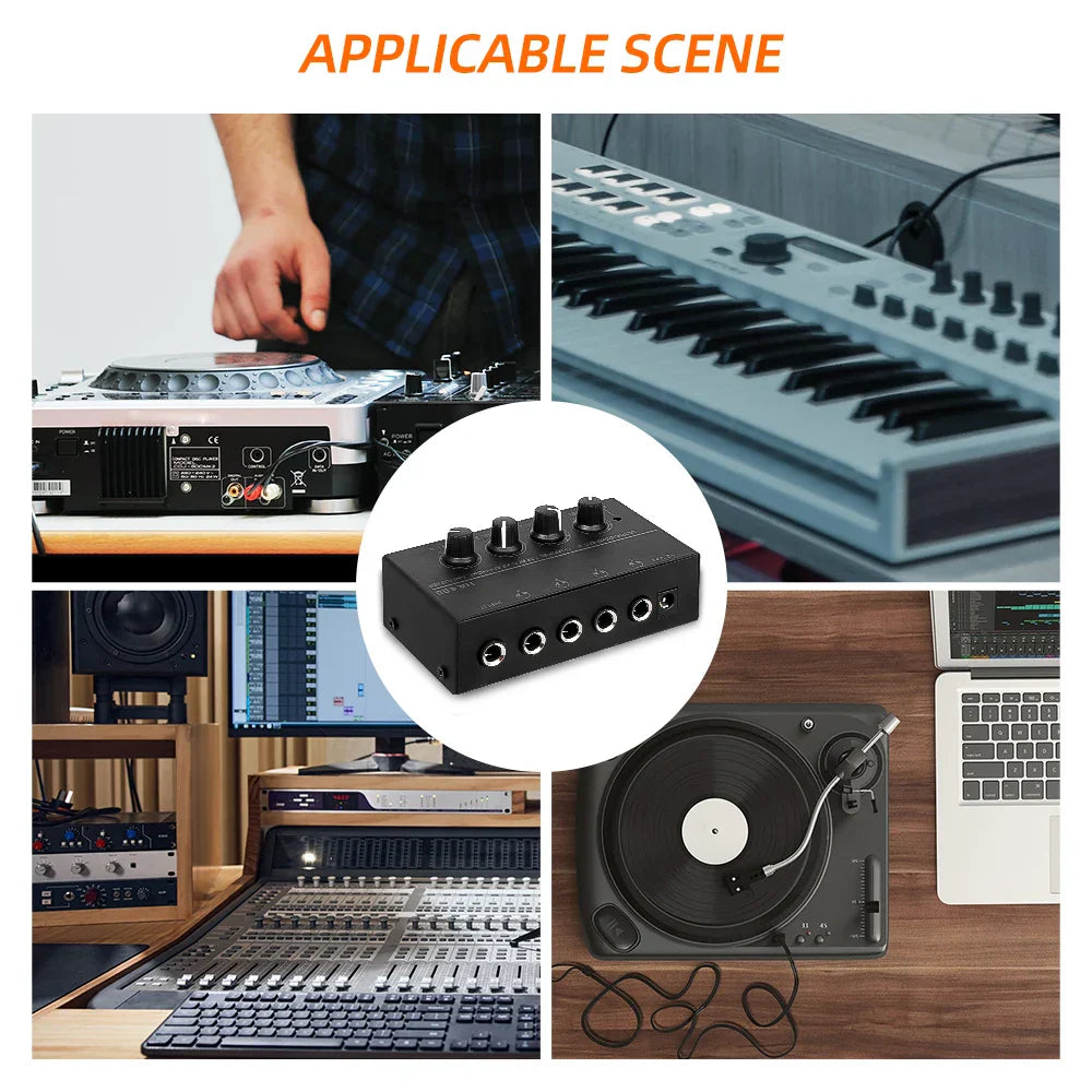 Black rectangular headphone amplifier ha400 with four knobs and multiple jacks stereo audio amplifier with adapter 10mhz earphone