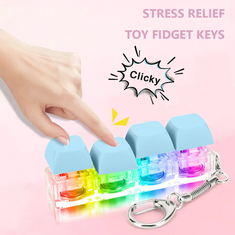 A set of colorful translucent keycap fidget keychain with light blue caps and silver keychain for keyboard clicker toy