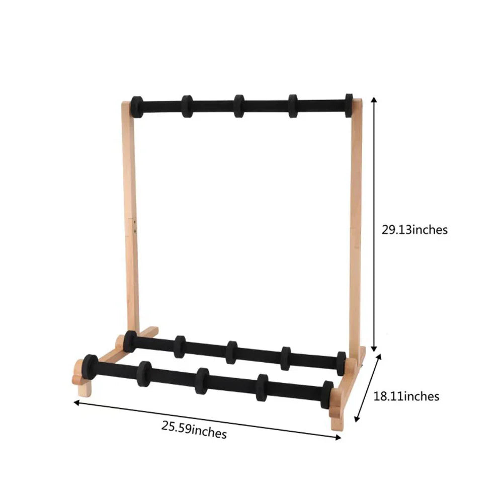 Light wood-framed 4 rows multi guitar stand with black padded bars to hang bass electric guitar and ukulele securely