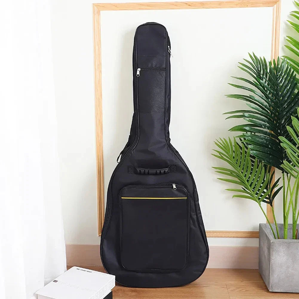 Black acoustic guitar bag with front pocket zipper details made of waterproof rip-stop oxford nylon with double straps padded