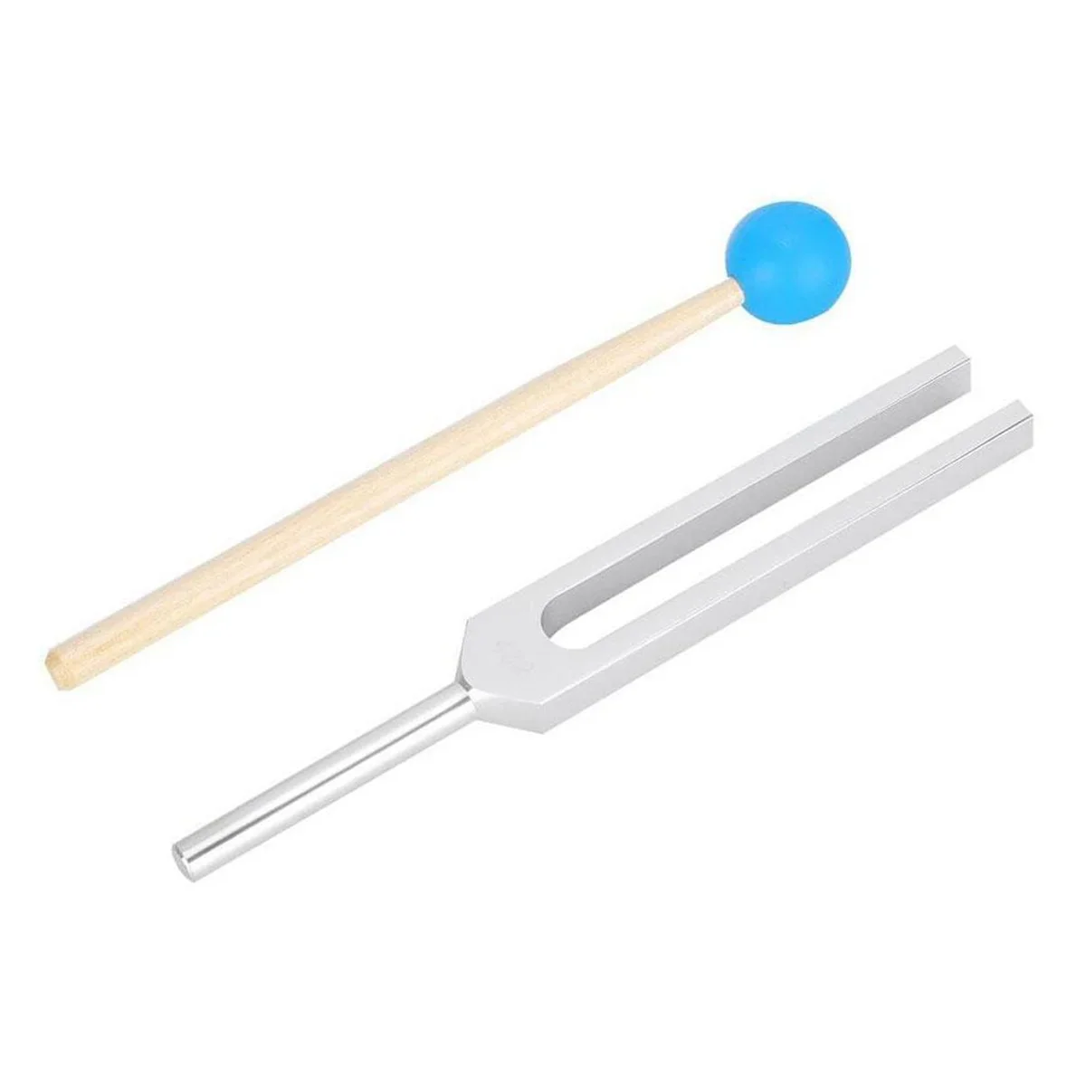 Silver a432 hz tuning fork with wooden handle and blue rubber ball made of high-quality materials for sound healing