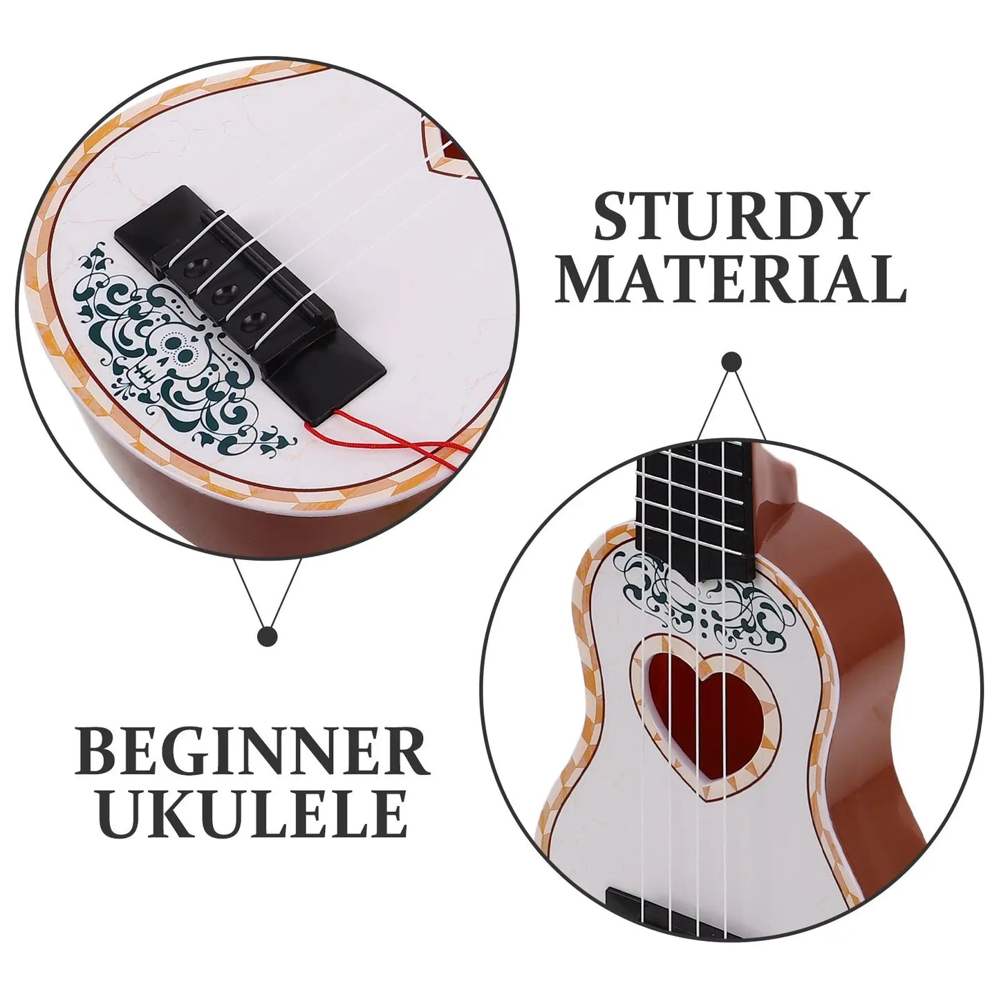 44cm beginner classical ukulele in white and brown with heart-shaped soundhole and skull floral design musical instrument toy