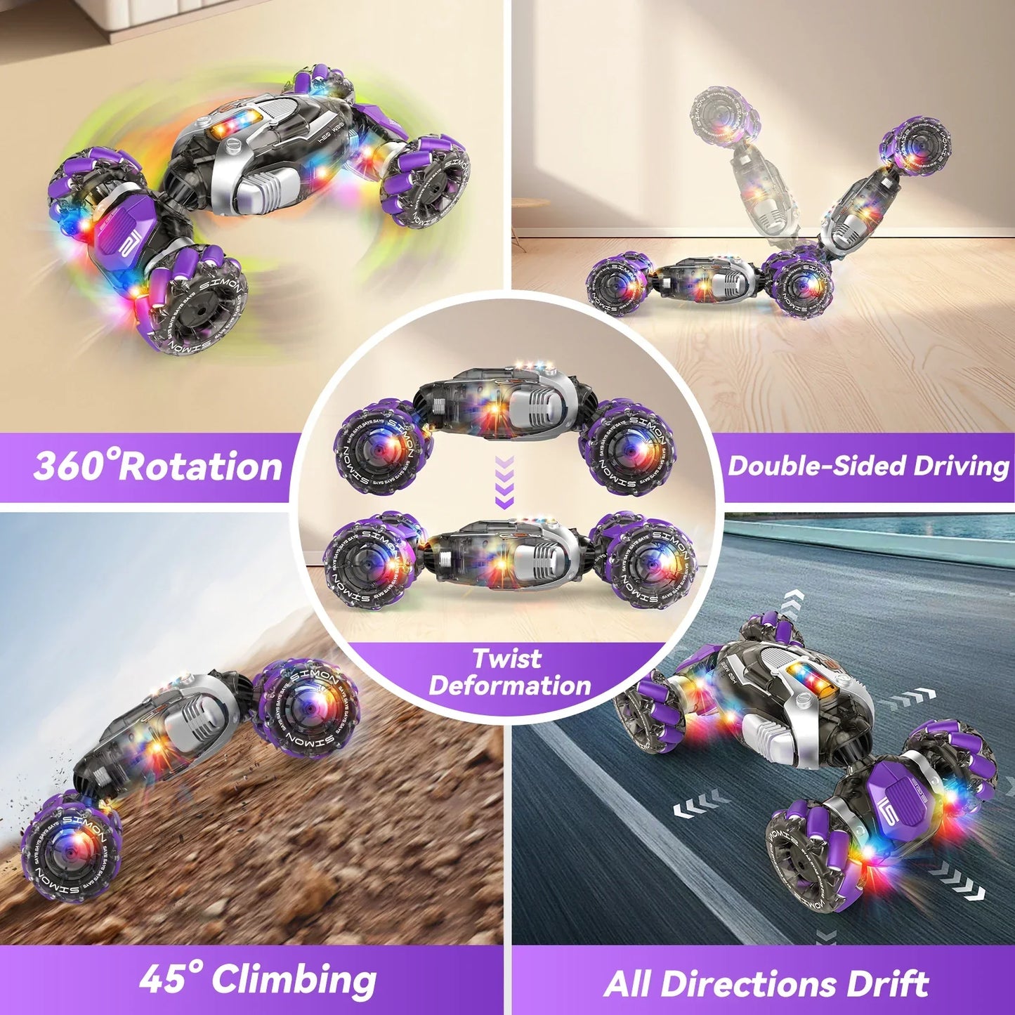 Purple and silver 4wd rc car with glowing led wheels features music gesture sensing and high speed drift stunt capabilities
