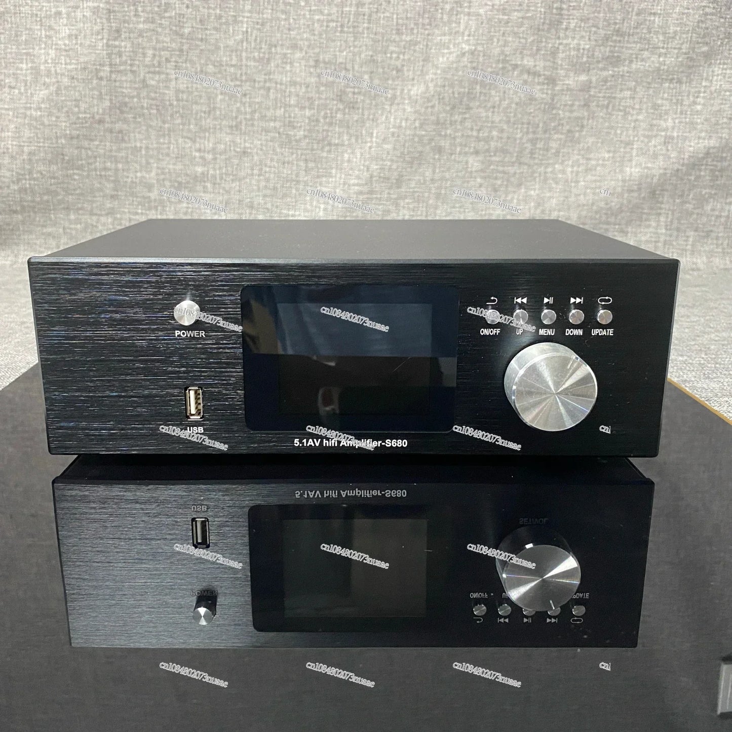 Black 5.1av hi-fi amplifier with brushed metal finish silver knobs featuring dolby atmos decoding and playback dsd lossless music