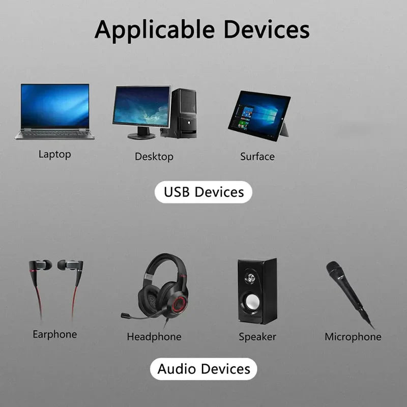 Black over-ear headphones with red accents paired with a 5.1 channel USB independent sound card to replace PCI notebook audio