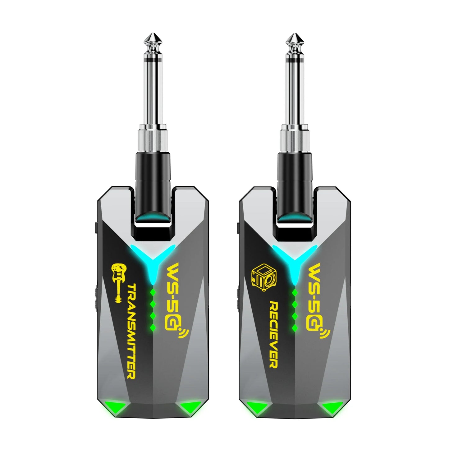 A sleek black and silver 5.8GHz wireless guitar system with glowing green LEDs and audio rechargeable transmitter for 35mm jacks